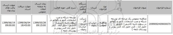 مناقصه عمومی یک مرحله ای توسعه شبکه و نصب انشعابات کنتور و رگولاتور در سطح ناحیه کاشمر ( کاشمر ، خلیل آباد ، کندر خلیل آباد کندر ریوش و روستای تابعه )