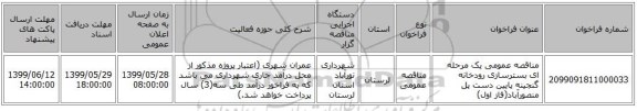 مناقصه عمومی یک مرحله ای بسترسازی رودخانه گنجینه پایین دست پل منصورآباد(فاز اول)