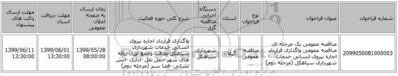 مناقصه عمومی یک مرحله ای مناقصه عمومی واگذاری قرارداد اجاره نیروی انسانی خدمات شهرداری سیاهکل (مرحله دوم)