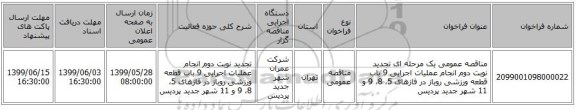مناقصه عمومی یک مرحله ای تجدید نوبت دوم انجام عملیات اجرایی 9 باب قطعه ورزشی روباز در فازهای 5، 8، 9 و 11 شهر جدید پردیس