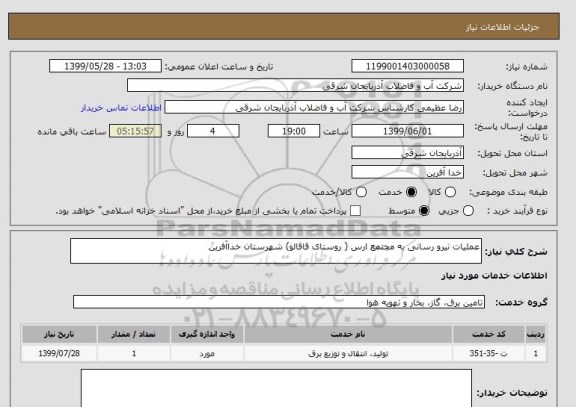 استعلام عملیات نیرو رسانی به مجتمع ارس ( روستای قاقالو) شهرستان خداآفرین