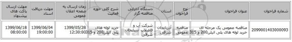 مناقصه عمومی یک مرحله ای خرید لوله های پلی اتیلن200 و 315
