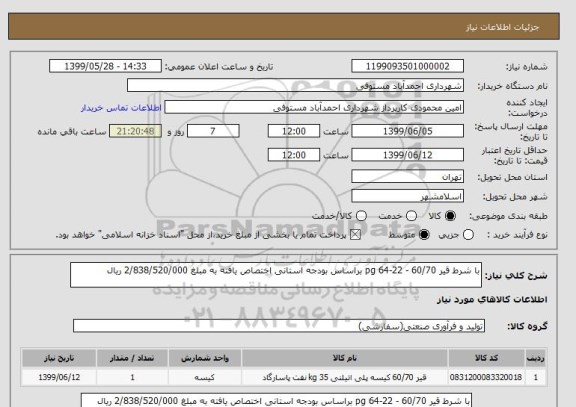 استعلام با شرط قیر 60/70 - pg 64-22 براساس بودجه استانی اختصاص یافته به مبلغ 2/838/520/000 ریال 