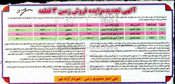 مزایده مزایده تجدید فروش زمین 3 قطعه مسکونی نوبت اول