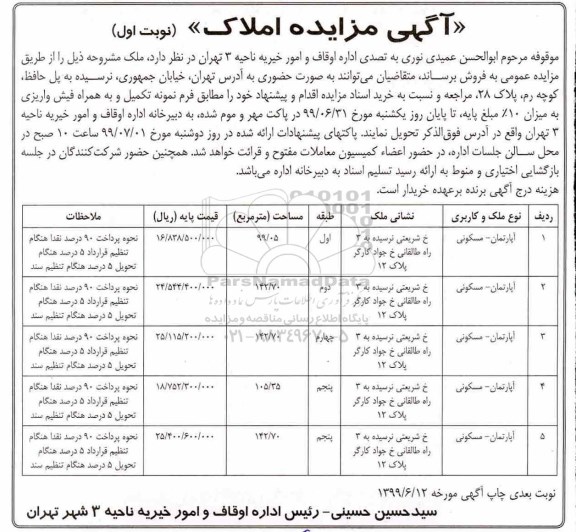 آگهی مزایده ،مزایده فروش ملک آپارتمان مسکونی نوبت اول