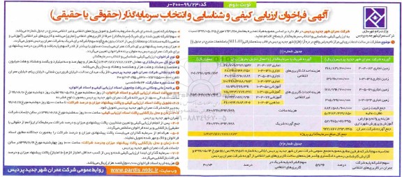 آگهی فراخوان ارزیابی ، فراخوان ارزیابی کیفی و شناسایی و انتخاب سرمایه گذار نوبت دوم 