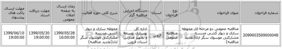 مناقصه عمومی دو مرحله ای محوطه سازی و دیوار کشی مدرسه مشارکتی موسوی سگز اباد(تجدید مناقصه)
