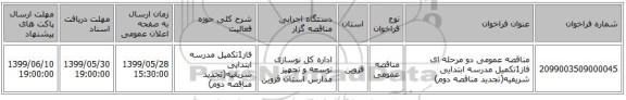 مناقصه عمومی دو مرحله ای فاز1تکمیل مدرسه ابتدایی شریفیه(تجدید مناقصه دوم)