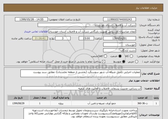 استعلام عملیات اجرایی تکمیل شبکه آب شهر سوسنگرد (بخشی از منطقه نخلستان)- مطابق سند پیوست
