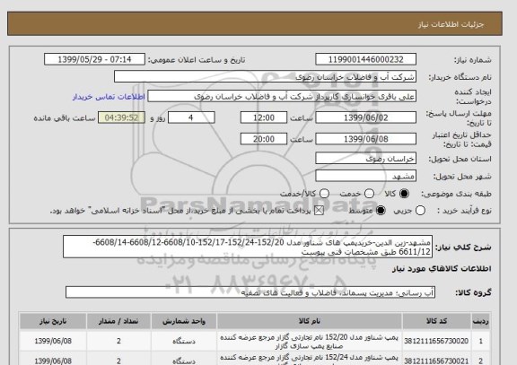 استعلام مشهد-زین الدین-خریدپمپ های شناور مدل 152/20-152/24-152/17-6608/10-6608/12-6608/14-6611/12 طبق مشخصات فنی پیوست