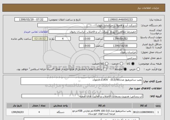 استعلام پمپ سانتریفیوژ مدل315/80-  11KW اتابلوک