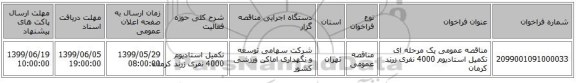 مناقصه عمومی یک مرحله ای  تکمیل استادیوم 4000 نفری زرند کرمان 