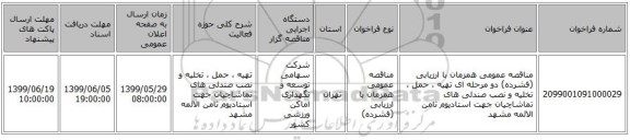 مناقصه عمومی همزمان با ارزیابی (فشرده) دو مرحله ای تهیه ، حمل ، تخلیه و نصب صندلی های تماشاچیان جهت استادیوم ثامن الائمه مشهد 
