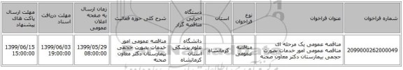 مناقصه عمومی یک مرحله ای مناقصه عمومی امور خدمات بصورت حجمی بیمارستان دکتر معاون صحنه