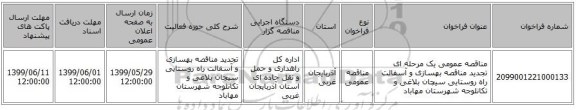 مناقصه عمومی یک مرحله ای تجدید مناقصه بهسازی و آسفالت راه روستایی سیچان بلاغی و تکانلوجه شهرستان مهاباد