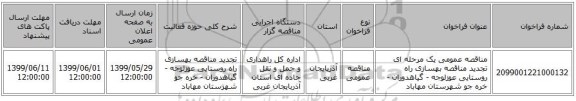مناقصه عمومی یک مرحله ای تجدید مناقصه بهسازی راه روستایی عوزلوجه - گیاهدوران - خره جو شهرستان مهاباد