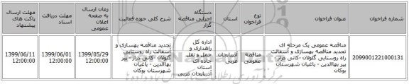مناقصه عمومی یک مرحله ای تجدید مناقصه بهسازی و آسفالت راه روستایی گلولان -کانی دراز - پیر بهاالدین - یاغیان شهرستان بوکان