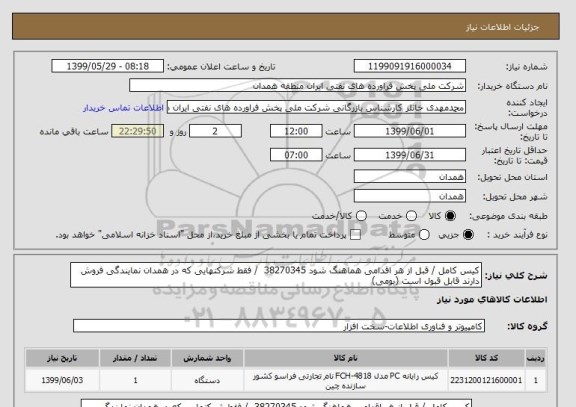 استعلام کیس کامل / قبل از هر اقدامی هماهنگ شود 38270345 / فقط شرکتهایی که در همدان نمایندگی فروش دارند قابل قبول است (بومی)
