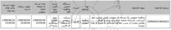 مناقصه عمومی یک مرحله ای عملیات تکمیل ظرفیت خط آبرسانی، بازسازی تصفیه خانه و آب بندی و اجرای زهکش مخزن آب شرب خط اول آبرسانی به شیراز از سد درودزن 
