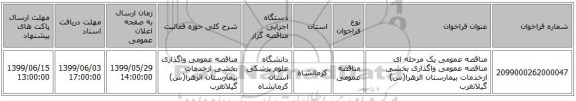 مناقصه عمومی یک مرحله ای مناقصه عمومی واگذاری بخشی ازخدمات بیمارستان الزهرا(س) گیلانغرب