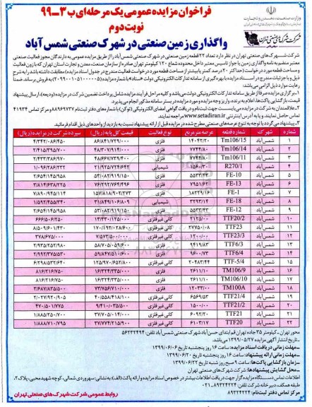 فراخوان مزایده عمومی ، فراخوان مزایده واگذاری زمین صنعتی- نوبت دوم 