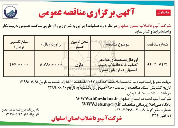 مناقصه , مناقصه اورهال دمنده های هوادهی تصفیه خانه فاضلاب