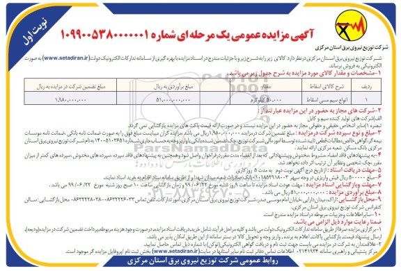 مزایده، مزایده فروش انواع سیم مسی اسقاط