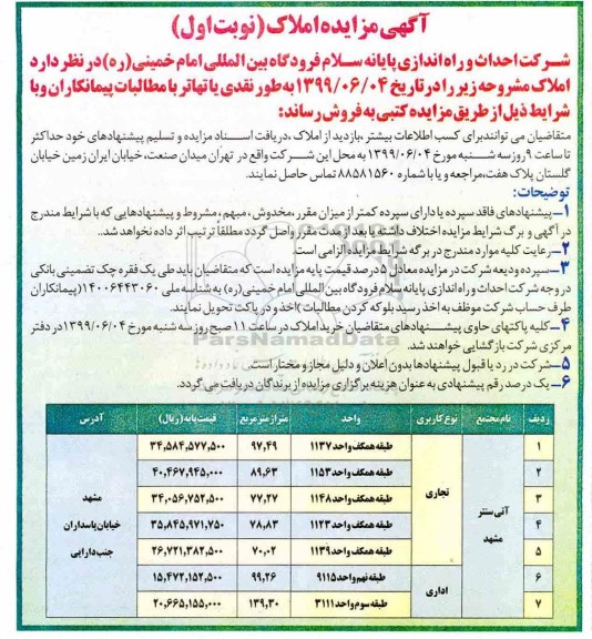 مزایده  مزایده فروش املاک کاربری تجاری و اداری نوبت اول  