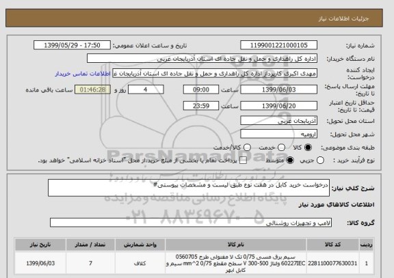 استعلام درخواست خرید کابل در هفت نوع طبق لیست و مشخصات پیوستی#