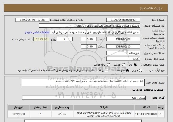 استعلام طبق پیوست - لوازم خانگی منازل پزشکان متخصص جدیدالورود 99 / نوبت چهارم