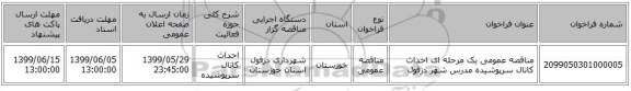مناقصه عمومی یک مرحله ای احداث کانال سرپوشیده مدرس شهر دزفول