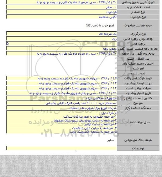 استعلام خرید ۳۰۰۰۰۰ عدد پلمپ فلزی کابلی بکسلی