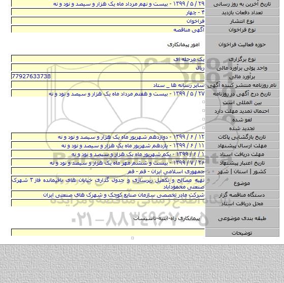 تهیه مصالح و تکمیل زیرسازی و جدول گذاری خیابان های باقیمانده فاز ۳ شهرک صنعتی محمودآباد