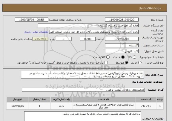 استعلام نقشه برداری زمینی (توپوگرافی) مسیر خط انتقال ، محل احداث مخازن و تاسیسات آب شرب عشایر در شهرستان گنبد مطابق شرح خدمات پیوست