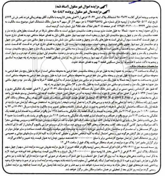 مزایده  مزایده ششدانگ پلاک ثبتی 14062 فرعی از 9 اصلی