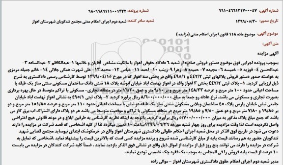 مزایده, مزایده ملک مسکونی به پلاک ثبتی 442.2 بخش 3 اهواز به مساحت 100 مترمربع 