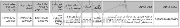مناقصه عمومی یک مرحله ای خرید گاردریل و متعلقات مربوطه جهت نصب در راه های حوزه استحفاظی استان اصفهان