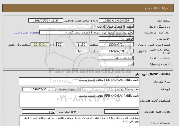 استعلام اقلام FIRE AND GAS PANEL مطابق لیست پیوست 