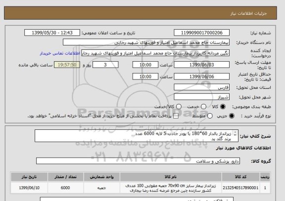 استعلام زیرانداز بالدار 60*180 با پودر جاذب 5 لایه 6000 عدد
برند گلد پد 
ایران کد مشابه میباشد.