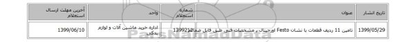 تامین 11 ردیف قطعات با نشان  Festo  اورجینال , مشخصات فنی طبق  فایل ضمائم