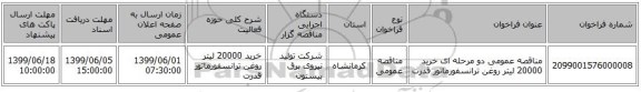 مناقصه عمومی دو مرحله ای خرید 20000 لیتر روغن ترانسفورماتور قدرت