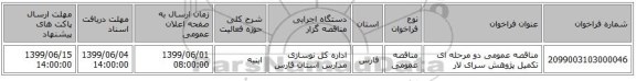 مناقصه عمومی دو مرحله ای تکمیل پژوهش سرای لار