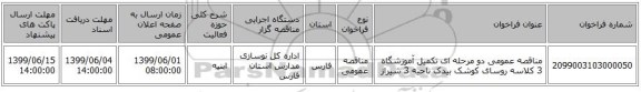 مناقصه عمومی دو مرحله ای تکمیل آموزشگاه 3 کلاسه روسای کوشک بیدک ناحیه 3 شیراز