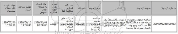 مناقصه عمومی همزمان با ارزیابی (فشرده) یک مرحله ای م م /99/0029 مربوط به تهیه و تامین 48 دستگاه خودرو وانت تک کابین و مزدا دوکابین، کولردار بصورت 12 ساعته 