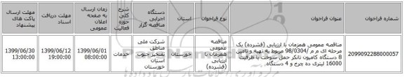 مناقصه عمومی همزمان با ارزیابی (فشرده) یک مرحله ای م م /98/0304 مربوط به تهیه و تامین 8 دستگاه کامیون تانکر حمل سوخت با ظرفیت 16000 لیتری ده چرخ و 4 دستگاه 