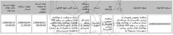 مناقصه عمومی همزمان با ارزیابی (فشرده) یک مرحله ای آبیاری  و مراقبت از نهالکاری های  سنواتی در سطح 400 هکتار از نهالکاری های  اراضی بیابانی شهرستان بشرویه( وا