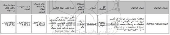 مناقصه عمومی یک مرحله ای تأمین نیروی انسانی نگهبانی ، کارگری تنظیفاتی و خدمات عمومی ، رانندگی سبک و سنگین و . . .   در سطح شرکت توزیع نیروی برق استان 