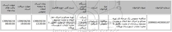 مناقصه عمومی یک مرحله ای تهیه مصالح و اجرای خط انتقال و مخزن مجتمع ستارخان از مخزن دهلیق تا مخزن چلناب شهرستان ورزقان