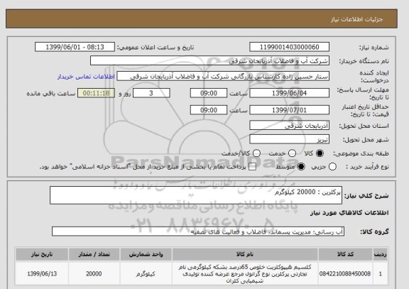 استعلام پرکلرین : 20000 کیلوگرم