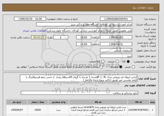 استعلام لباس ایزوله ضد ویروس مدل M- L- XLبسته 1 عددی با گرماژ 65سرهم زیپدار  از جنس ترمو هیدروفلینگ با فیلم تنفسی غیر تعریق (تاکید برنوع پارچه وگراماژ )